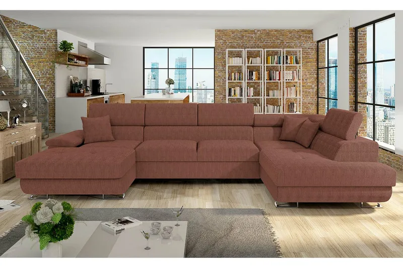 Reginia 4-sits U-formad Hörnbäddsoffa med Förvaring i Tyg - Terrakotta - Möbler - Soffa - Bäddsoffa - Bäddsoffa divan