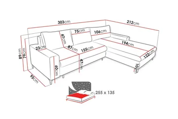 Talby 3-sits Höger Bäddsoffa 135x255 cm med Förvaring i Tyg - Grå - Möbler - Soffa - Bäddsoffa - Bäddsoffa divan