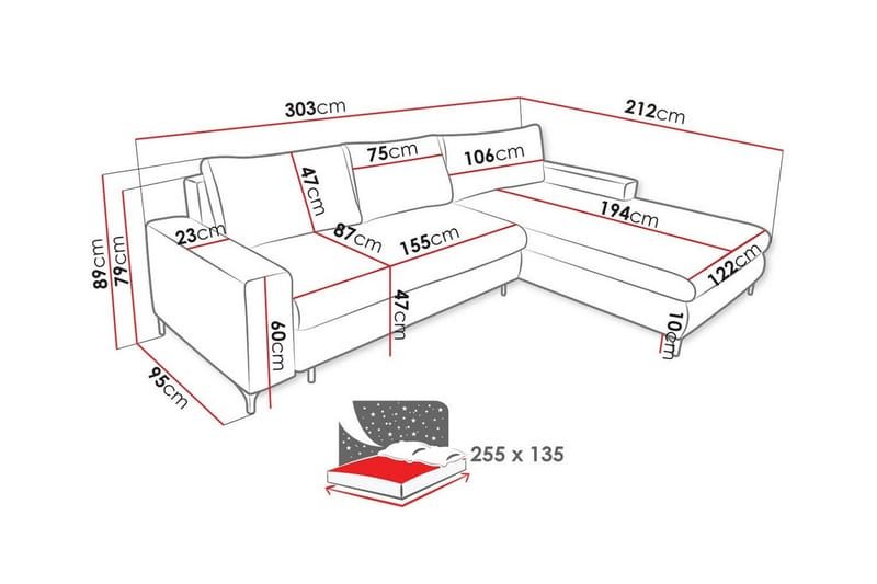 Talby 3-sits Höger Bäddsoffa 135x255 cm med Förvaring i Tyg - Grå - Möbler - Soffa - Bäddsoffa - Bäddsoffa divan