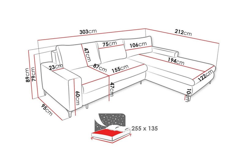Talby 3-sits Höger Bäddsoffa 135x255 cm med Förvaring i Tyg - Gul - Möbler - Soffa - Bäddsoffa - Bäddsoffa divan