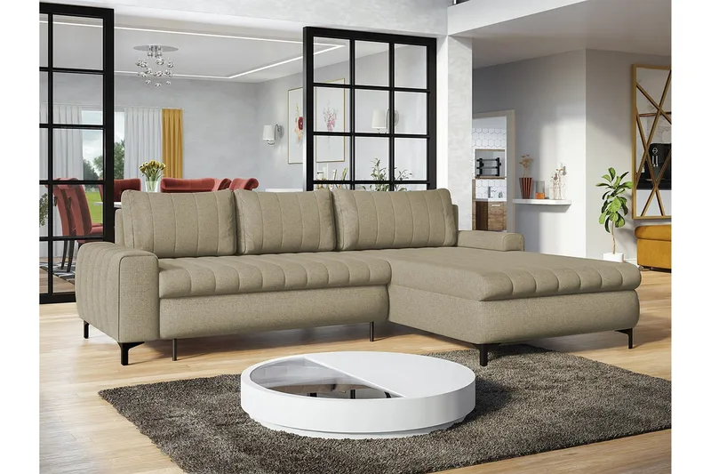 Talby 3-sits Höger Bäddsoffa med Förvaring och Vertikala Sömmar i Tyg - Beige - Möbler - Soffa - Bäddsoffa - Bäddsoffa divan