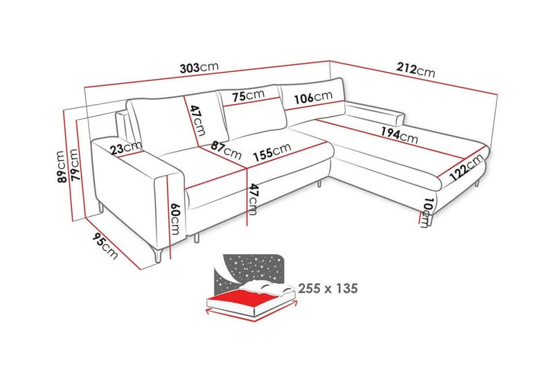 Talby 3-sits Höger Bäddsoffa med Förvaring och Vertikala Sömmar i Tyg - Beige - Möbler - Soffa - Bäddsoffa - Bäddsoffa divan