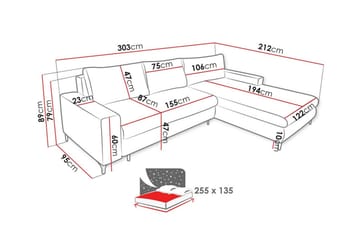 Talby 3-sits Höger L-formad Hörnbäddsoffa 135x255 cm med Förvaring i Tyg - Grå - Möbler - Soffa - Bäddsoffa - Bäddsoffa divan