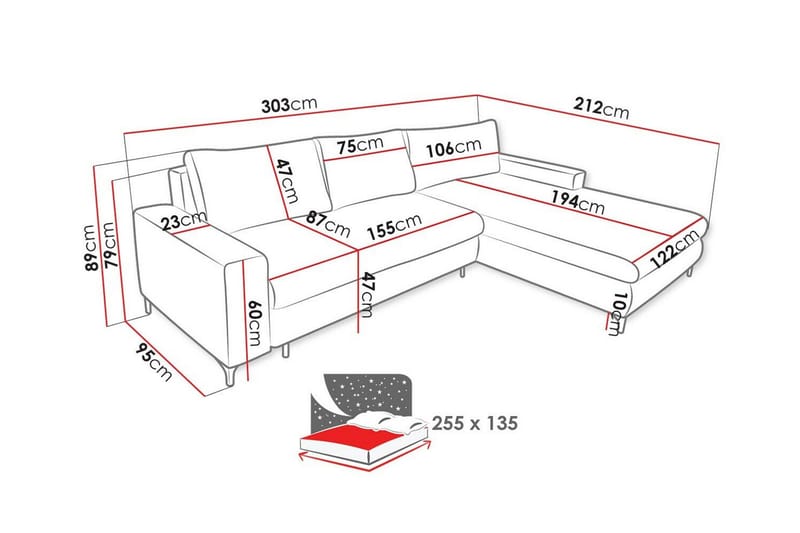 Talby 3-sits Höger L-formad Hörnbäddsoffa 135x255 cm med Förvaring i Tyg - Grå - Möbler - Soffa - Bäddsoffa - Bäddsoffa divan