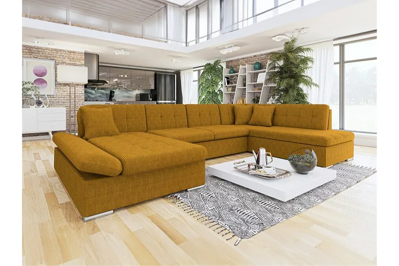 Zumar 4-sits Höger Hörnbäddsoffa 128x302 cm med Förvaring i Manchestertyg - Gul - Möbler - Soffa - Bäddsoffa - Bäddsoffa divan