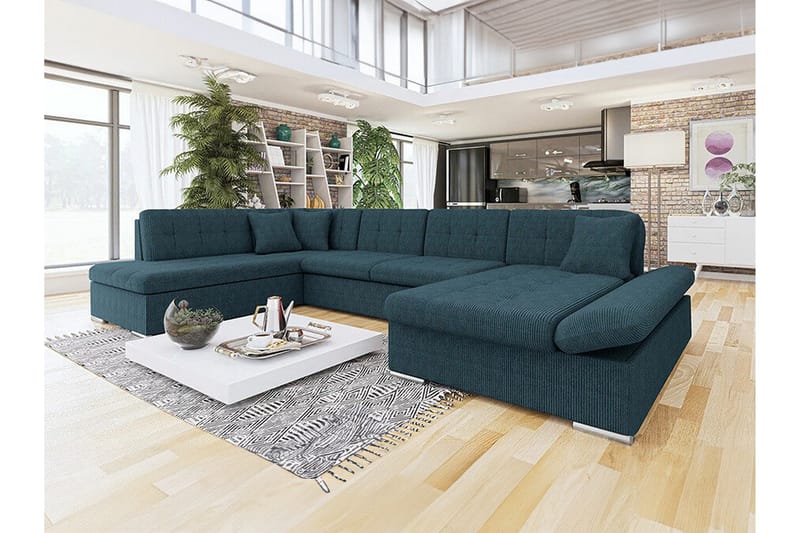 Zumar Höger U-formad Hörnbäddsoffa 128x302 cm med Förvaring i Manchestertyg - Blå - Möbler - Soffa - Bäddsoffa - Bäddsoffa divan