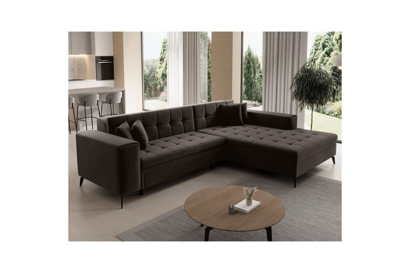 Hörnsoffa Eltap Solange 292x196x84 cm - Mat Velvet 29, Mörkbrun, Höger - Möbler - Soffa - Bäddsoffa - Bäddsoffa divan
