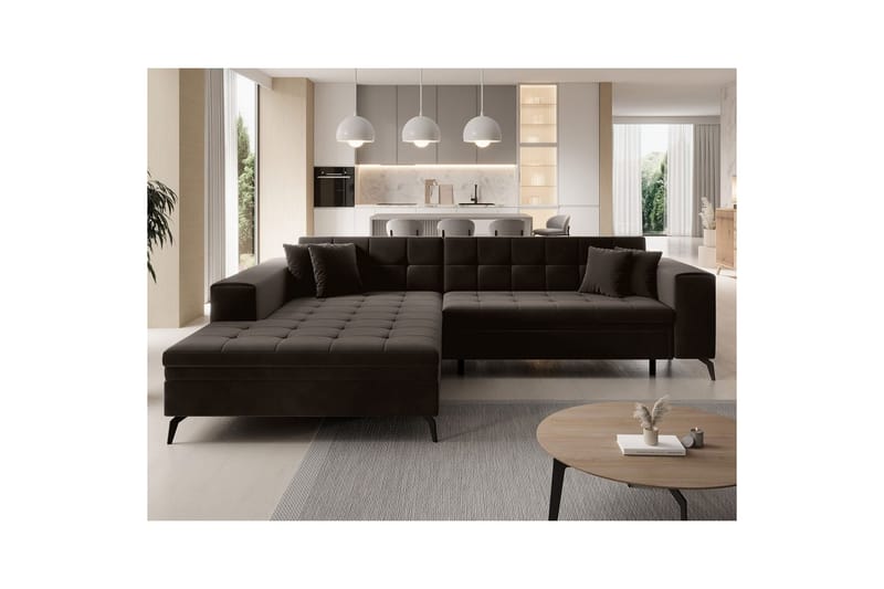 Hörnsoffa Eltap Solange 292x196x84 cm - Mat Velvet 29, Mörkbrun, Vänster - Möbler - Soffa - Bäddsoffa - Bäddsoffa divan