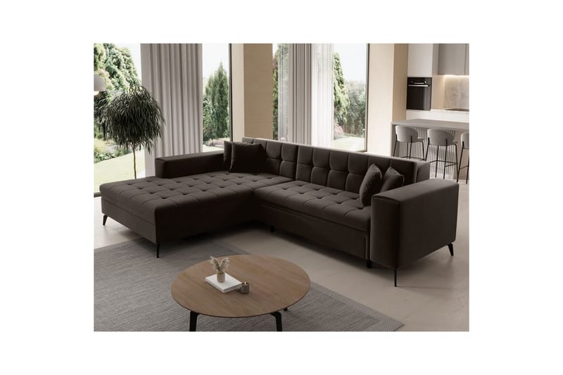 Hörnsoffa Eltap Solange 292x196x84 cm - Mat Velvet 29, Mörkbrun, Vänster - Möbler - Soffa - Bäddsoffa - Bäddsoffa divan