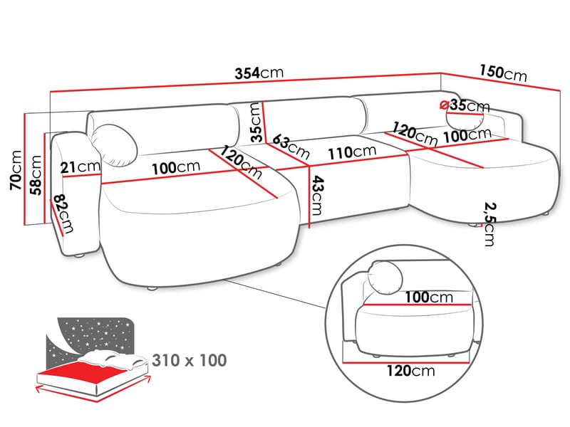 Hanish Bäddsoffa Dubbeldivan 5-sits - Grå - Möbler - Soffa - Bäddsoffa - U bäddsoffa