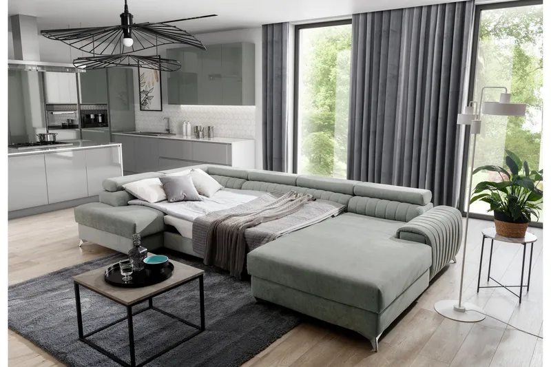 Kamran Bäddsoffa m. Divan och Schäslong med Förvaring - Ljusblå - Möbler - Soffa - Bäddsoffa - Bäddsoffa divan
