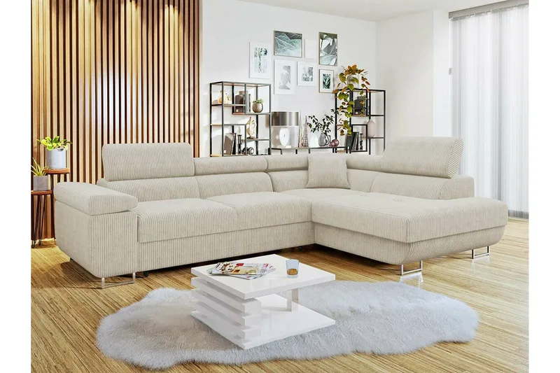 Kintore 4-sits Högervänd L-formad Hörnbäddsoffa 125x198 cm i Manchestertyg - Beige - Möbler - Soffa - Bäddsoffa - Bäddsoffa längsbäddad