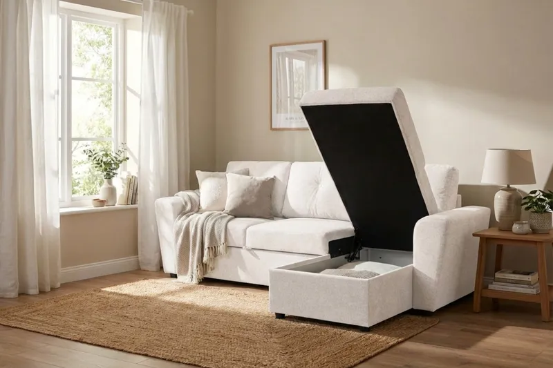 Leia 3-sits vändbar Bäddsoffa med divan och förvaring - Beige - Möbler - Soffa - Bäddsoffa - Bäddsoffa divan