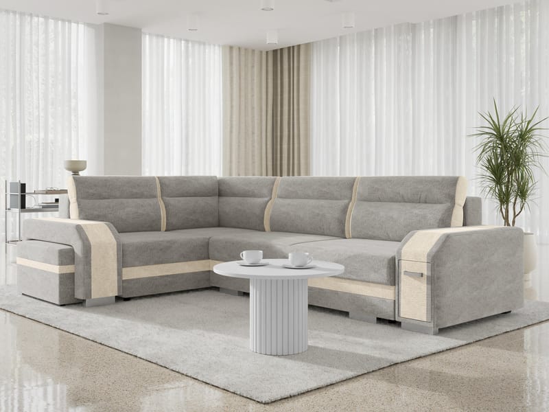 Lesley 4-sits Hörnbäddsoffa med förvaring - grå, beige - Möbler - Soffa - Bäddsoffa - Hörnbäddsoffa