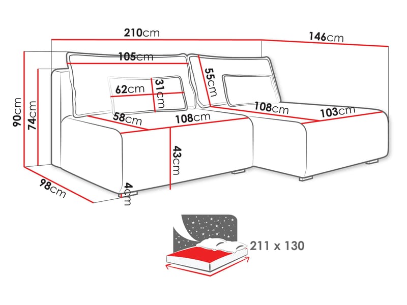 Lorynn 3-sits Bäddsoffa med divan - svart - Möbler - Soffa - Bäddsoffa - Hörnbäddsoffa