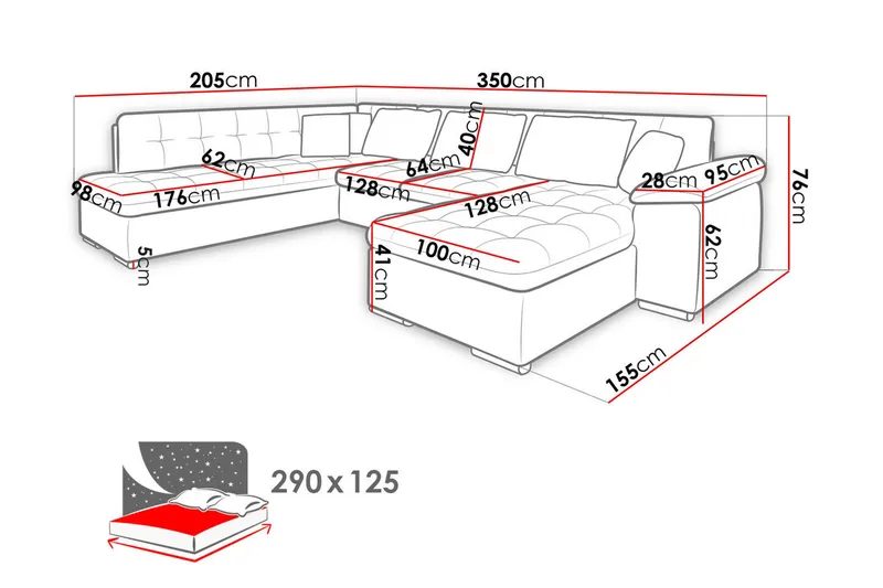 Niko U-Bäddsoffa 350x205x76 cm Divan Höger - Grå - Möbler - Soffa - Bäddsoffa - Bäddsoffa längsbäddad