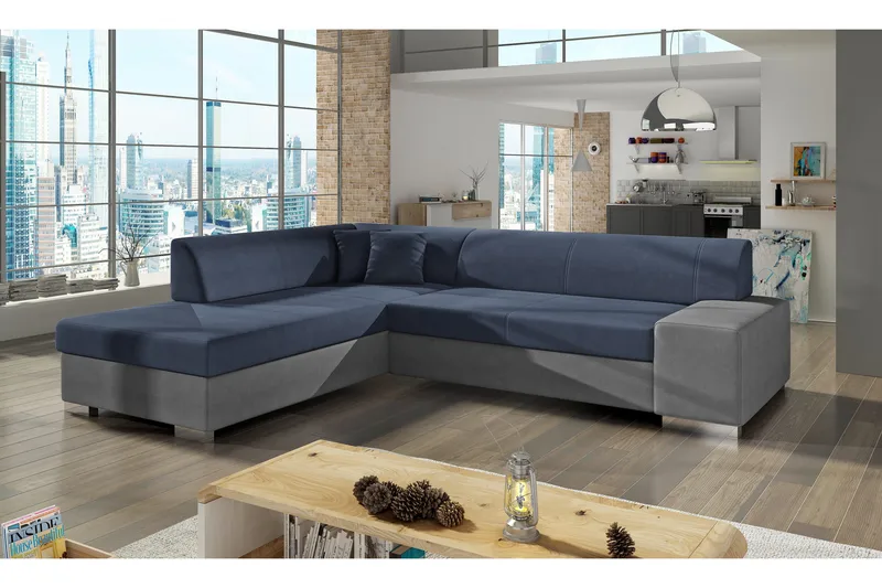 Pavones Bäddsoffa med Schäslong, Blå/Grå