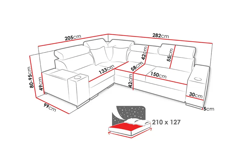 Perseo Divanbäddsoffa 282x205x95 cm LED-belysning - Beige/Grå/Vit - Möbler - Soffa - Bäddsoffa - Bäddsoffa divan