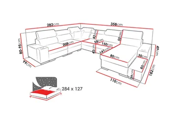 Perseo Divanbäddsoffa 358x282x95 cm LED-belysning - Grå/Vit - Möbler - Soffa - Bäddsoffa - Bäddsoffa längsbäddad
