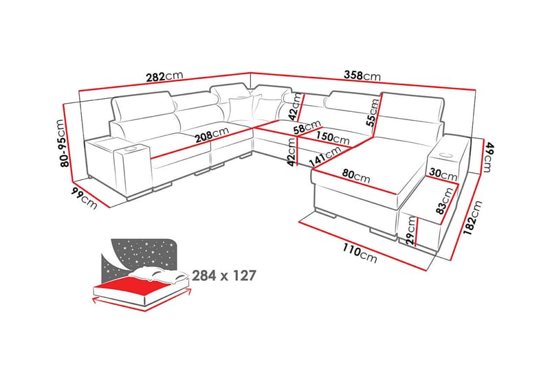 Perseo Divanbäddsoffa 358x282x95 cm LED-belysning - Grå/Vit - Möbler - Soffa - Bäddsoffa - Bäddsoffa längsbäddad