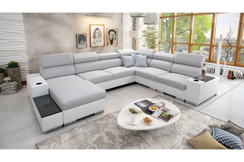 Perseo Divanbäddsoffa 358x282x95 cm LED-belysning - Grå/Vit - Möbler - Soffa - Bäddsoffa - Bäddsoffa längsbäddad