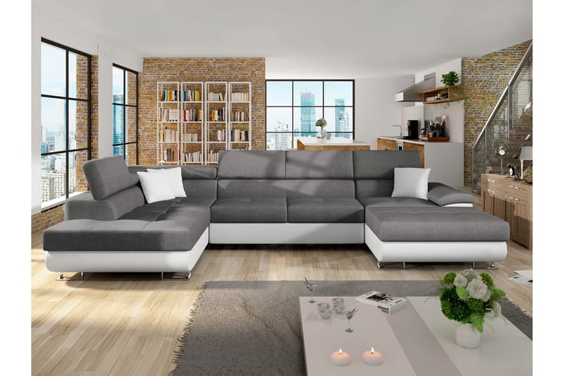 Reginia Bäddsoffa med Divan och Schäslong 4-sits i Konstläder - Vit/Grå - Möbler - Soffa - Bäddsoffa - Bäddsoffa divan