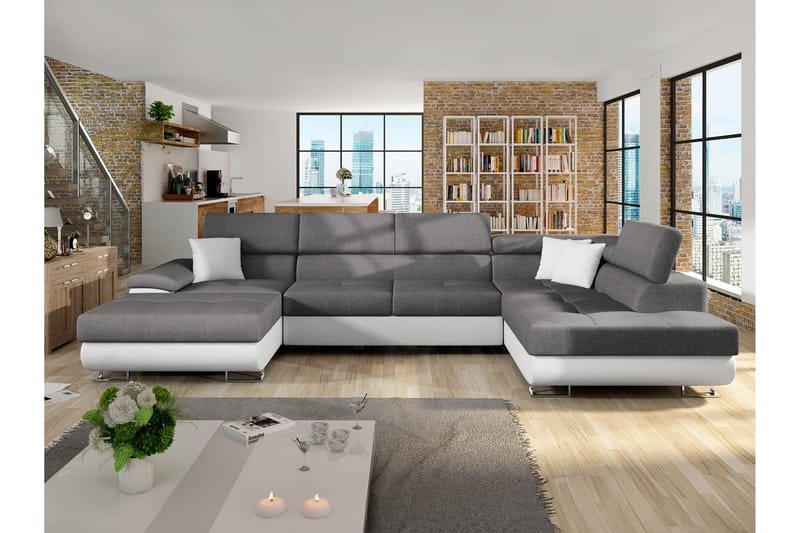 Reginia Bäddsoffa med Divan och Schäslong 4-sits i Konstläder - Vit/Grå - Möbler - Soffa - Bäddsoffa - Bäddsoffa divan