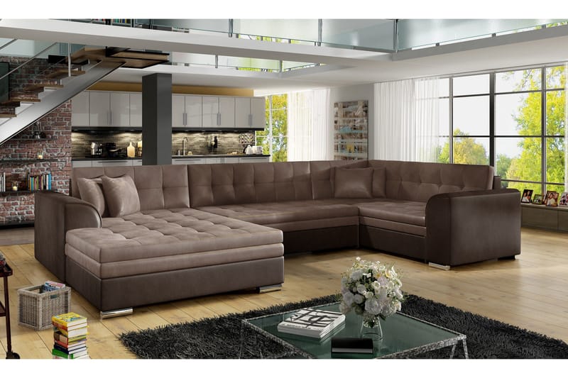 Rineta 5-sits U-formad Bäddsoffa med Divan i Plysch med Metallben, Brun