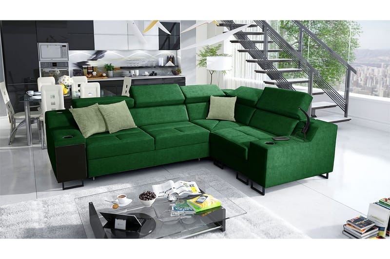 Seginus Hörnbäddsoffa 4-sits 210x127 - Grön - Möbler - Soffa - Bäddsoffa - Bäddsoffa längsbäddad