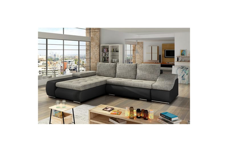 Sektionssoffa Eltap Ontario 295x200x82 cm - Berlin 01, Soft 11, Grå, Svart, Vänster - Möbler - Soffa - Bäddsoffa - Bäddsoffa divan