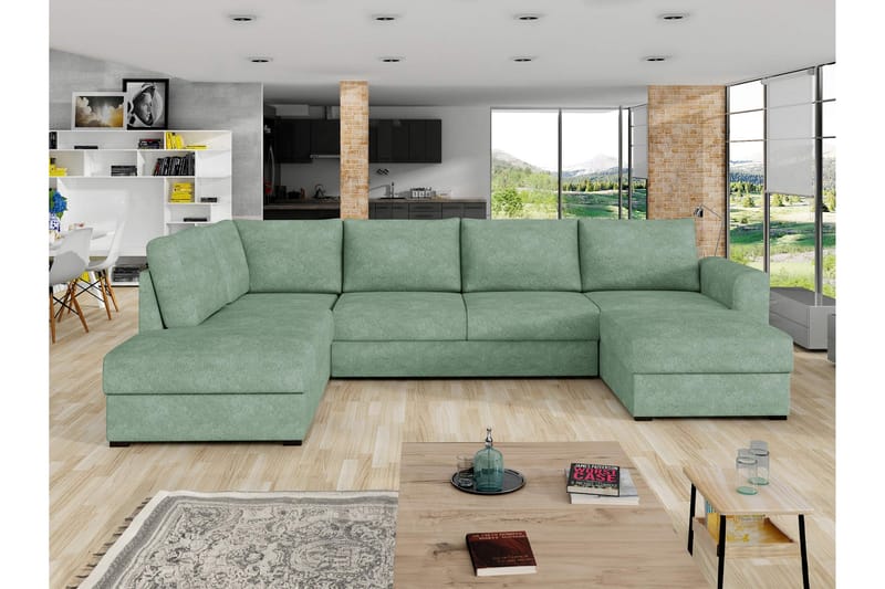 Taberk Bäddsoffa med Divan och Schäslong 4-sits i Bouclé - Grön - Möbler - Soffa - Bäddsoffa - Bäddsoffa divan