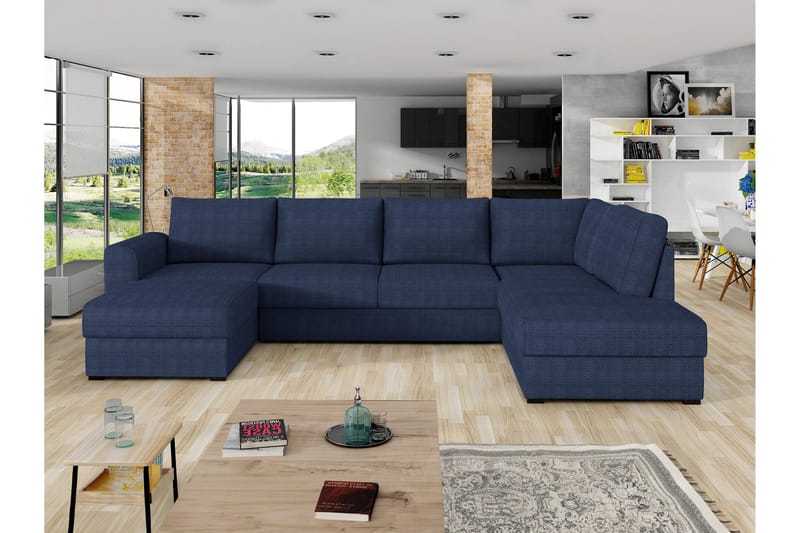 Taberk Bäddsoffa med Divan och Schäslong 4-sits i Chenille - Blå - Möbler - Soffa - Bäddsoffa - Bäddsoffa divan