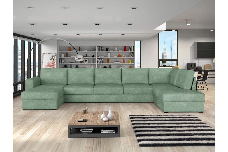 Taberk Bäddsoffa med Divan och Schäslong 5-sits i Bouclé - Grön - Möbler - Soffa - Bäddsoffa - Bäddsoffa divan