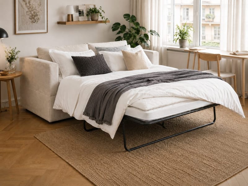 Travstad 3-sits Bäddsoffa med HVILA Bäddmadrass 140x200 cm Polyesterskum Vändbar Sommar & Vintersida och Tvättbar klädsel - Beige/Vit - Möbler - Soffa - Bäddsoffa - 3 sits bäddsoffa