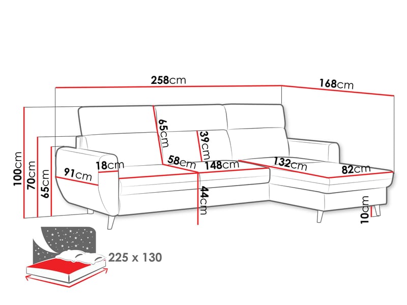 Vylon 3-sits Bäddsoffa med divan - Rosa - Möbler - Soffa - Bäddsoffa - Hörnbäddsoffa