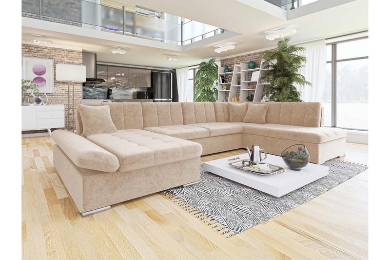 Zumar Bäddsoffa med Divan och Schäslong 4-sits i Chenille - Beige - Möbler - Soffa - Bäddsoffa - Bäddsoffa divan