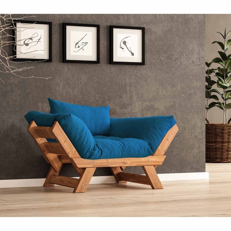 Zylar 2-sits Fällbar Längsbäddad Bäddsoffa med Träram 75x140 cm i Linne, Blå|Brun
