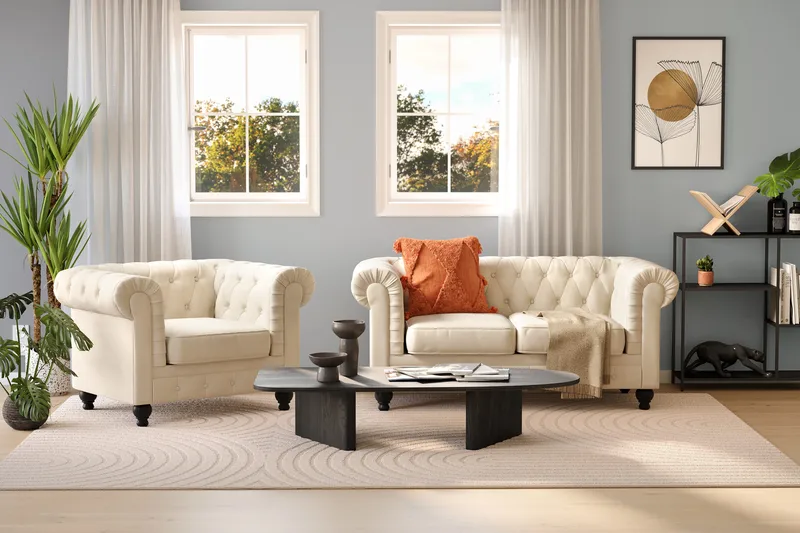 Chesterfield Lyx 2-sits Sammetssoffa - Liten djup soffa - Beige Sammet - Möbler - Soffa - Sammetssoffa