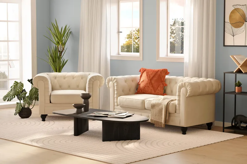 Chesterfield Lyx 2-sits Sammetssoffa - Liten djup soffa - Beige - Möbler - Soffa - Sammetssoffa