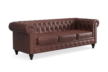 Chesterfield Lyx 3-sits Djup soffa konstläder - Mörkbrun PU - Möbler - Soffa - Skinnsoffa