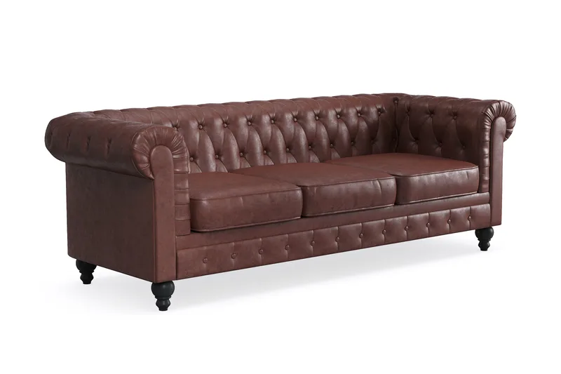 Chesterfield Lyx 3-sits Djup soffa konstläder - Mörkbrun PU - Möbler - Soffa - Skinnsoffa
