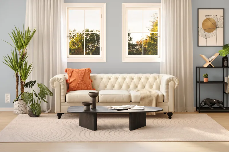 Chesterfield Lyx 3 sits Sammetssoffa- Djup soffa - Beige / Vit / Ljus - Möbler - Soffa - 3 sits soffa