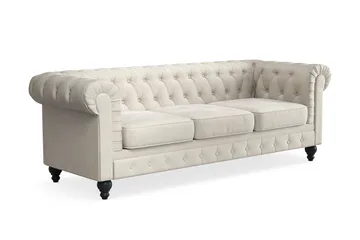 Chesterfield Lyx 3 sits Sammetssoffa- Djup soffa - Beige / Vit / Ljus - Möbler - Soffa - 3 sits soffa
