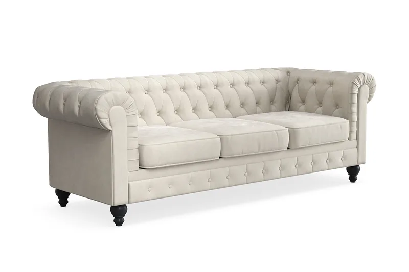 Chesterfield Lyx 3 sits Sammetssoffa- Djup soffa - Beige / Vit / Ljus - Möbler - Soffa - 3 sits soffa