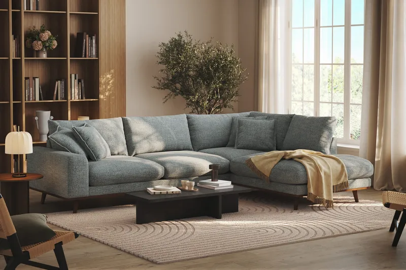 Copenhagen Premium 4-sits Högervänd L-formad Djup Schäslongsoffa i Chenille - Grå/Blå - Möbler - Soffa - Divansoffa & schäslongsoffa - 4 sits soffa med divan