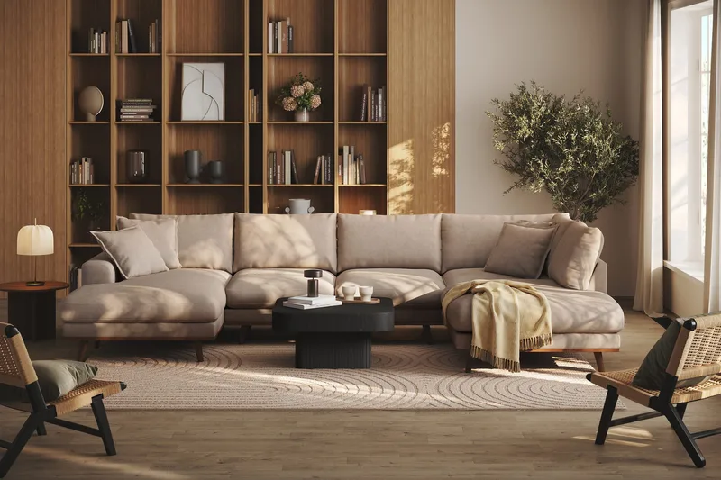 Copenhagen Premium 5-sits Högervänd U-formad Djup Soffa med Divan och Schäslong i Tyg - Ljusbrun - Möbler - Soffa - U-soffa