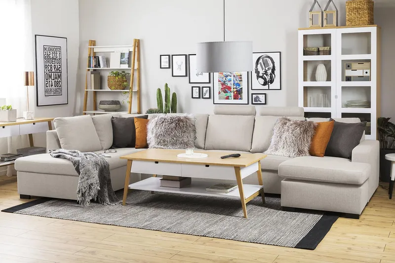 Crazy 5-sits Vänstervänd U-formad X-Large Soffa med Divan och Schäslong i Tyg - Beige - Möbler - Soffa - U-soffa