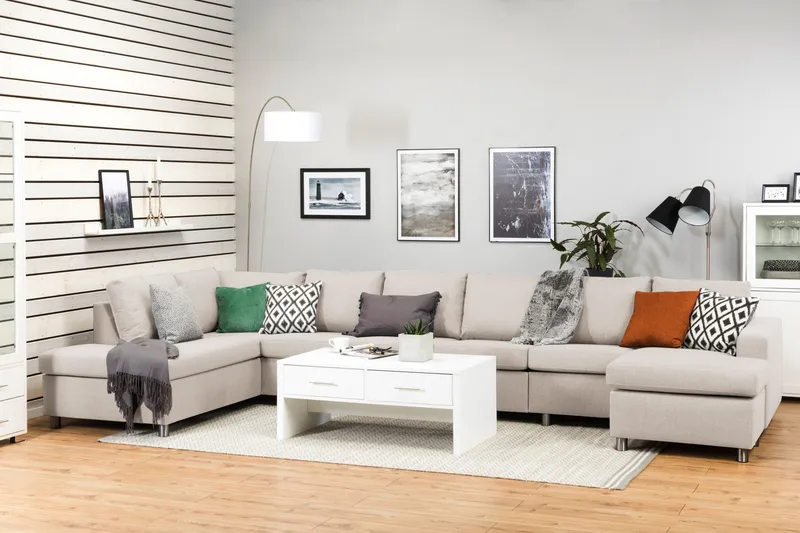 Crazy 6-sits Vänstervänd U-formad XX-Large Soffa med Divan och Schäslong i Tyg - Beige - Möbler - Soffa - U-soffa