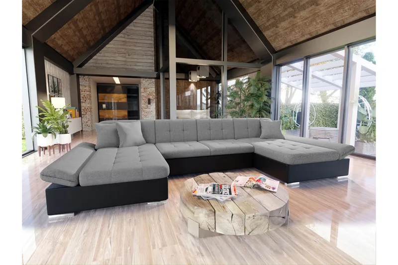 Dewitt Bäddsoffa Dubbelschäslong 4-sits i Konstläder - Svart/Grå - Möbler - Soffa - Skinnsoffa