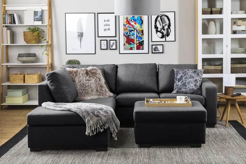 Crazy 3-sits Vänstervänd L-formad Schäslongsoffa i Tyg - Mörkgrå - Möbler - Soffa - Divansoffa & schäslongsoffa - 2 sits soffa med divan